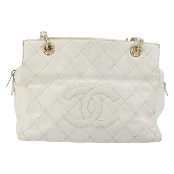 CHANEL Matelasse Chain Shoulder Bag Caviar Skin White Gold CC Auth BA13999