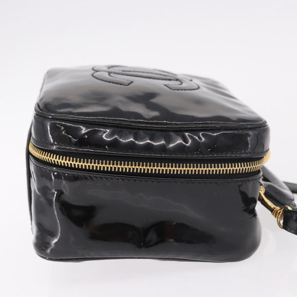 CHANEL Vanity Cosmetic Pouch Patent 2way Black Gold CC Auth BA14000A