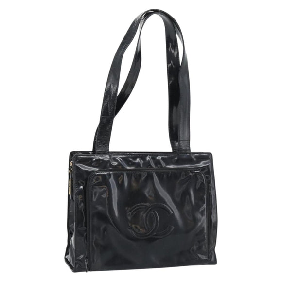 CHANEL Tote Bag Patent Black Gold CC Auth BA14016