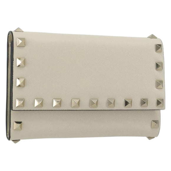 VALENTINO Rock Studs Wallet Leather Ivory Gold Auth BA14034M