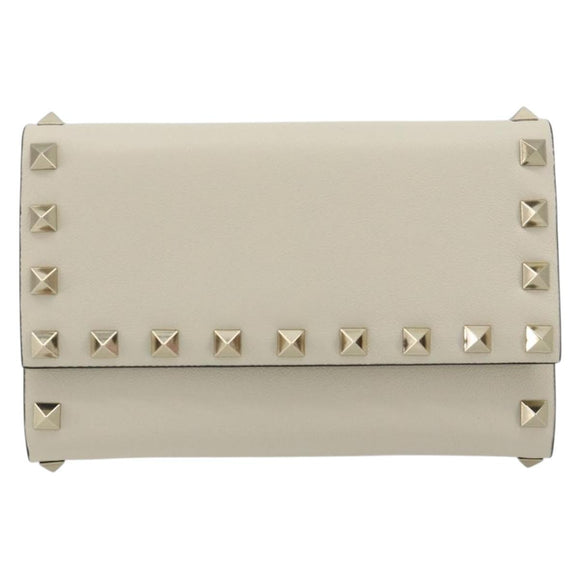 VALENTINO Rock Studs Wallet Leather Ivory Gold Auth BA14034M