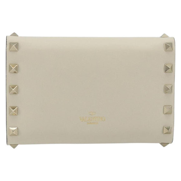 VALENTINO Rock Studs Wallet Leather Ivory Gold Auth BA14034M