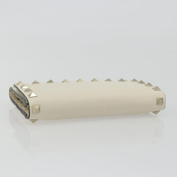 VALENTINO Rock Studs Wallet Leather Ivory Gold Auth BA14034M