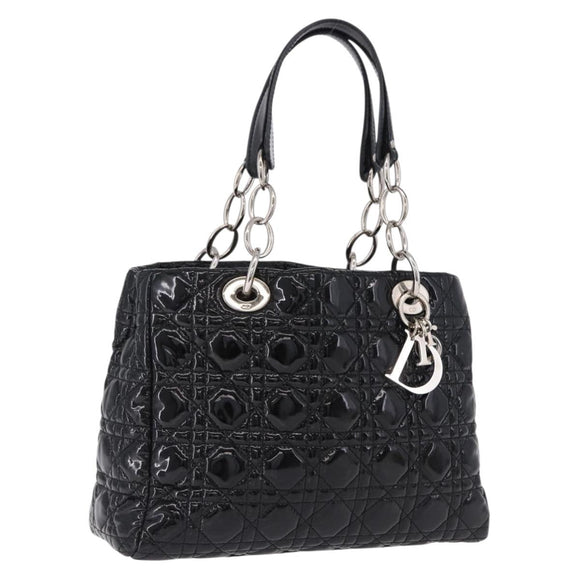 Christian Dior Lady Dior Chain Bag Patent Leather Black Silver Auth BA14101V