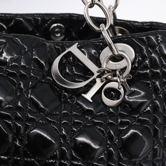Christian Dior Lady Dior Chain Bag Patent Leather Black Silver Auth BA14101V