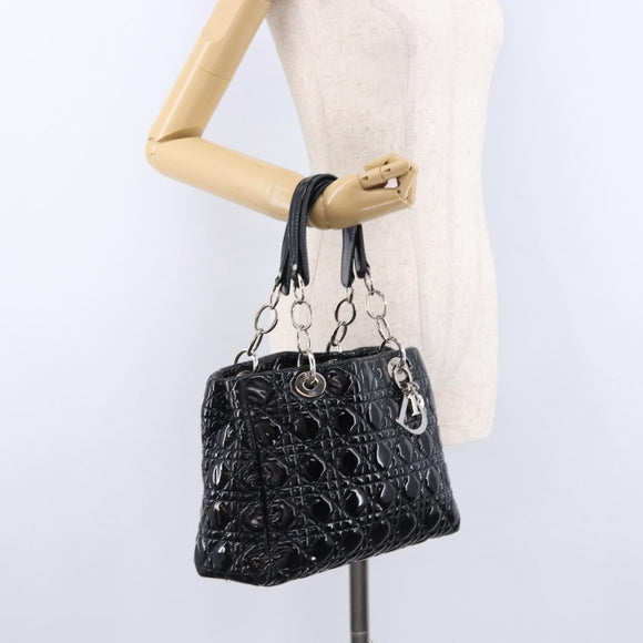 Christian Dior Lady Dior Chain Bag Patent Leather Black Silver Auth BA14101V