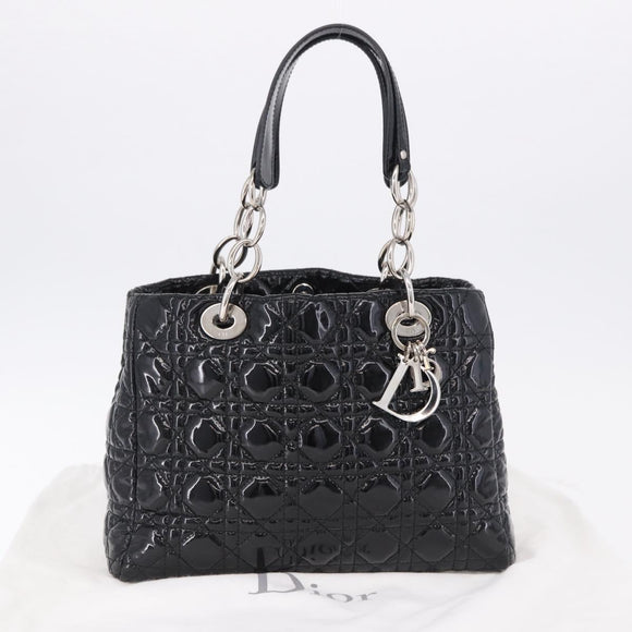 Christian Dior Lady Dior Chain Bag Patent Leather Black Silver Auth BA14101V