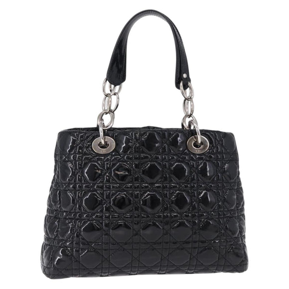 Christian Dior Lady Dior Chain Bag Patent Leather Black Silver Auth BA14101V