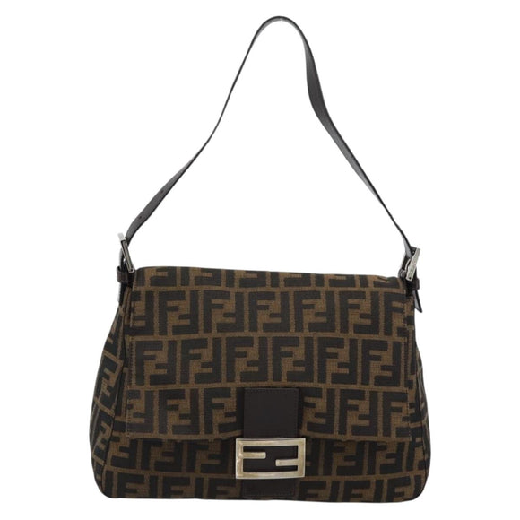 FENDI Zucca Canvas Mamma Baguette Shoulder Bag Black Brown Auth BA14103V
