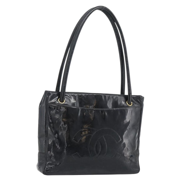 CHANEL Tote Bag Patent Leather Black Gold CC Auth BA14104