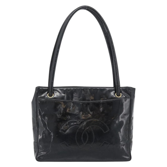 CHANEL Tote Bag Patent Leather Black Gold CC Auth BA14104