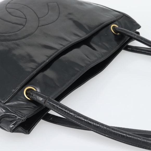 CHANEL Tote Bag Patent Leather Black Gold CC Auth BA14104