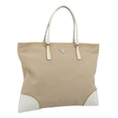 PRADA Tote Bag Canvas Beige Silver Auth BA14115-1