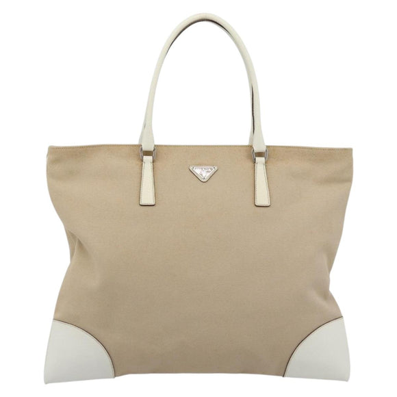 PRADA Tote Bag Canvas Beige Silver Auth BA14115