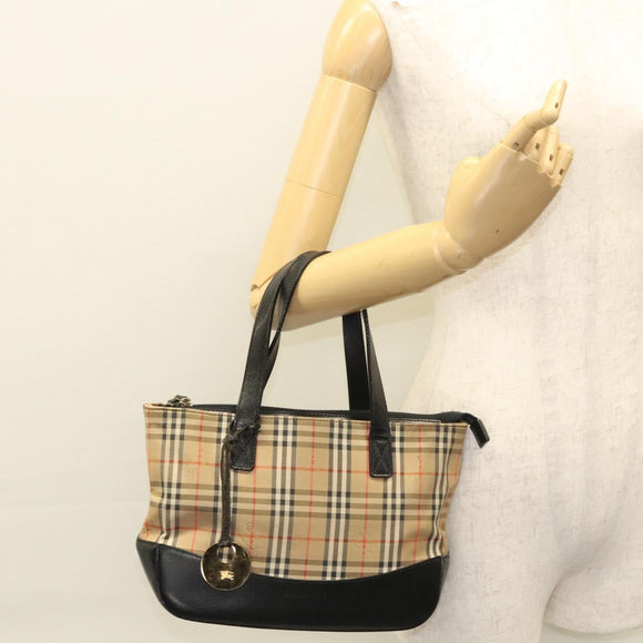 Burberrys Nova Check Hand Bag Canvas Beige Gold Auth BA1414