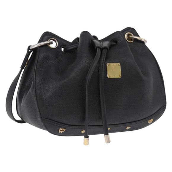 MCM Purse Shoulder Bag Leather Black Gold Auth BA14146A