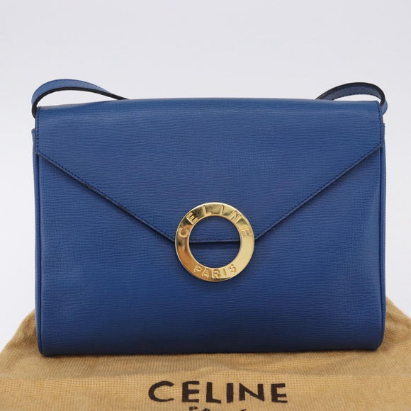 CELINE Circle Shoulder Bag Leather Blue Gold Auth BA14157V