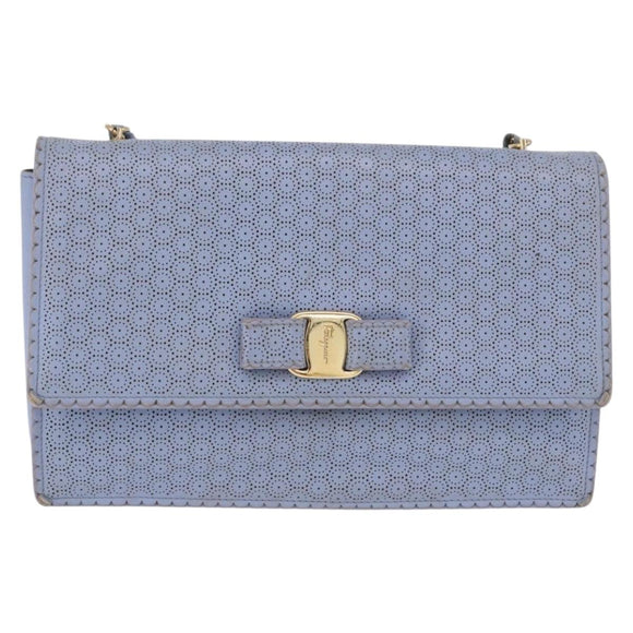 Salvatore Ferragamo Vala Chain Shoulder Bag Leather Blue Gold Auth BA14158