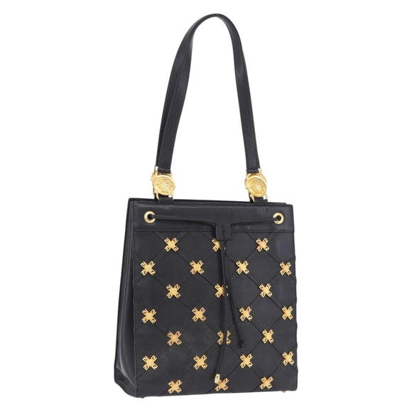 Gianni Versace Tote Bag Leather Black Gold Tone Auth BA14178V