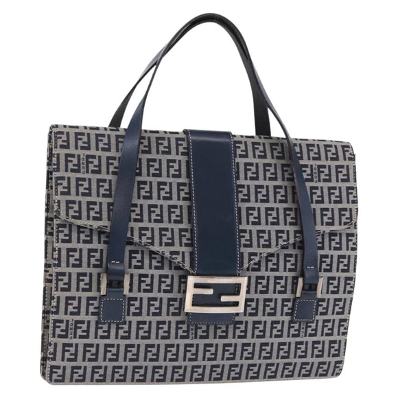 FENDI Zucchino Canvas Mamma Baguette Hand Bag Navy Silver Auth BA14179A