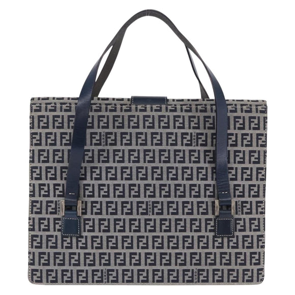 FENDI Zucchino Canvas Mamma Baguette Hand Bag Navy Silver Auth BA14179A