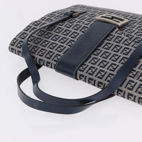 FENDI Zucchino Canvas Mamma Baguette Hand Bag Navy Silver Auth BA14179A