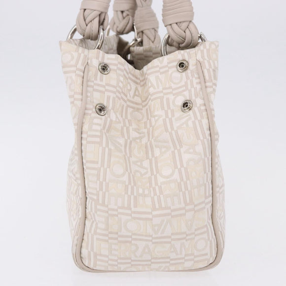 Salvatore Ferragamo Hand Bag Jacquard Ivory Silver Auth BA14190A