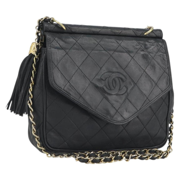 CHANEL Matelasse Chain Shoulder Bag Lamb Skin Black Gold CC Auth BA14204