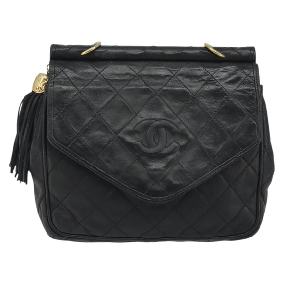 CHANEL Matelasse Chain Shoulder Bag Lamb Skin Black Gold CC Auth BA14204