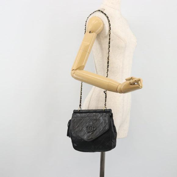 CHANEL Matelasse Chain Shoulder Bag Lamb Skin Black Gold CC Auth BA14204