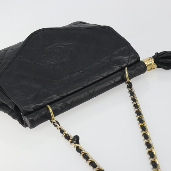 CHANEL Matelasse Chain Shoulder Bag Lamb Skin Black Gold CC Auth BA14204