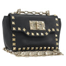 VALENTINO Studs Chain Shoulder Bag Leather Black Gold Auth BA14207A-1