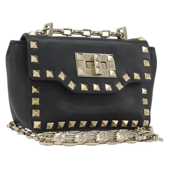 VALENTINO Studs Chain Shoulder Bag Leather Black Gold Auth BA14207A