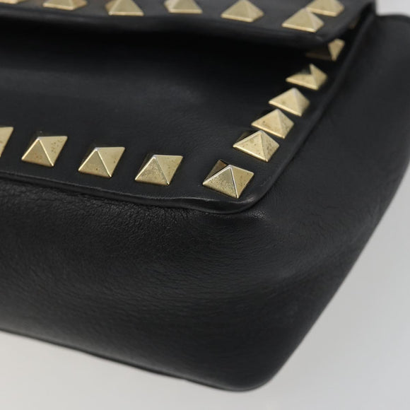 VALENTINO Studs Chain Shoulder Bag Leather Black Gold Auth BA14207A