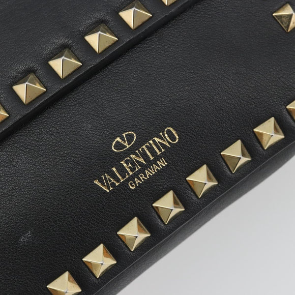 VALENTINO Studs Chain Shoulder Bag Leather Black Gold Auth BA14207A