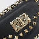 VALENTINO Studs Chain Shoulder Bag Leather Black Gold Auth BA14207A-15