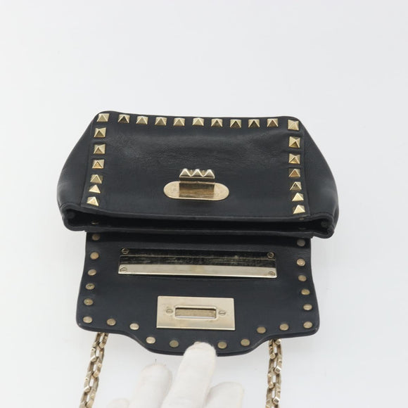 VALENTINO Studs Chain Shoulder Bag Leather Black Gold Auth BA14207A