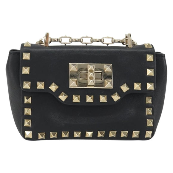 VALENTINO Studs Chain Shoulder Bag Leather Black Gold Auth BA14207A
