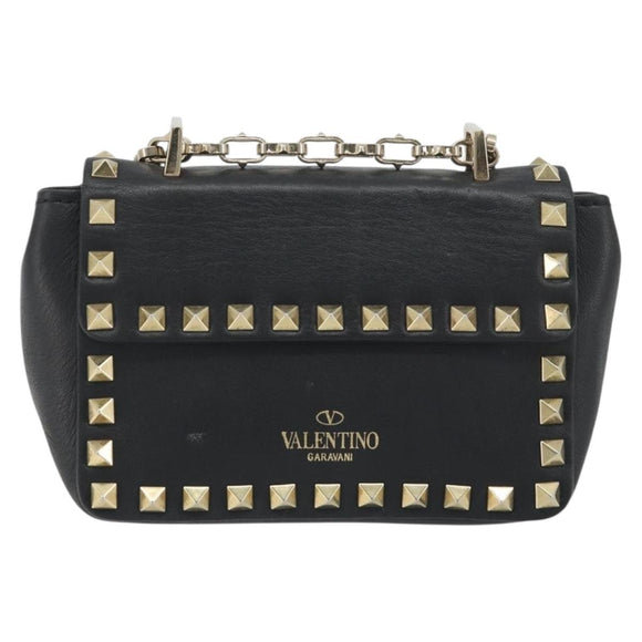 VALENTINO Studs Chain Shoulder Bag Leather Black Gold Auth BA14207A