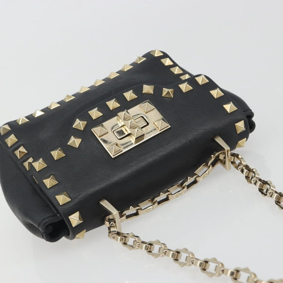 VALENTINO Studs Chain Shoulder Bag Leather Black Gold Auth BA14207A