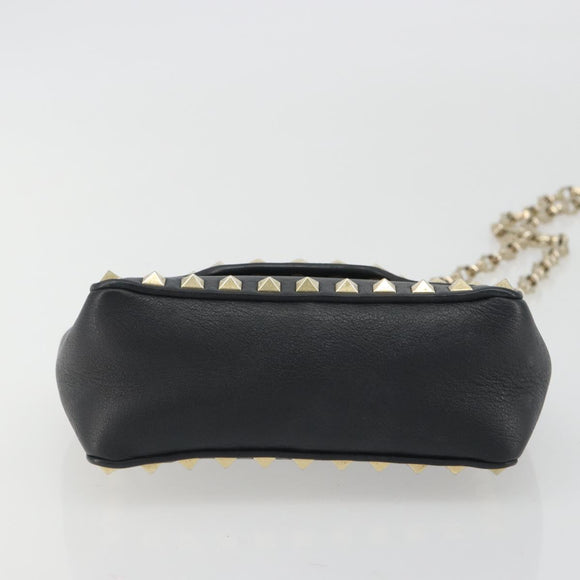VALENTINO Studs Chain Shoulder Bag Leather Black Gold Auth BA14207A