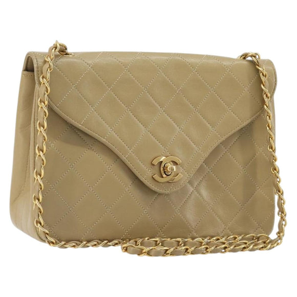 CHANEL Matelasse Chain Shoulder Bag Lamb Skin Beige Gold CC Auth BA14209A