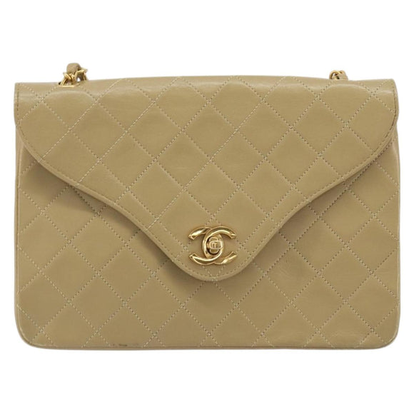 CHANEL Matelasse Chain Shoulder Bag Lamb Skin Beige Gold CC Auth BA14209A
