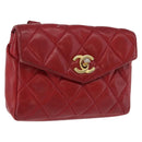 CHANEL Matelasse Waist Bag Lamb Skin Red Gold CC Auth BA14212-1