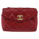 CHANEL Matelasse Waist Bag Lamb Skin Red Gold CC Auth BA14212-13