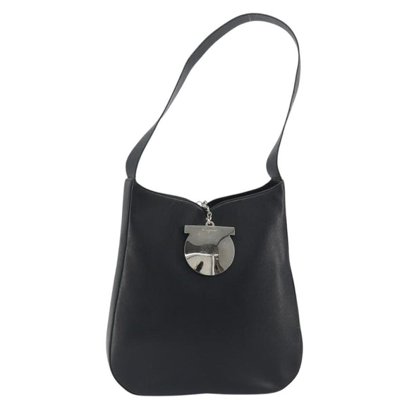 Salvatore Ferragamo Gancini Shoulder Bag Leather Black Silver Auth BA14216