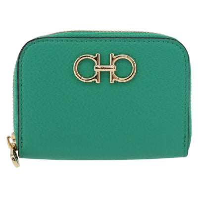 Salvatore Ferragamo Gancini Coin Purse Leather Green Gold Tone Auth BA14262M - 0