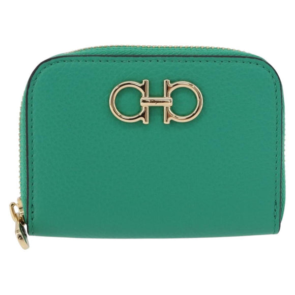 Salvatore Ferragamo Gancini Coin Purse Leather Green Gold Tone Auth BA14262M