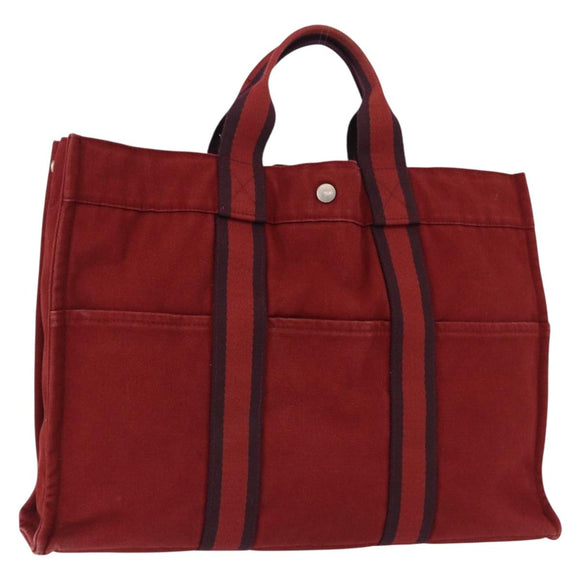 HERMES Fourre Tout MM Hand Bag Canvas Red Silver Auth BA14300