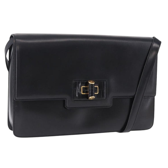 GUCCI Shoulder Bag Leather Black Gold Auth BA14311